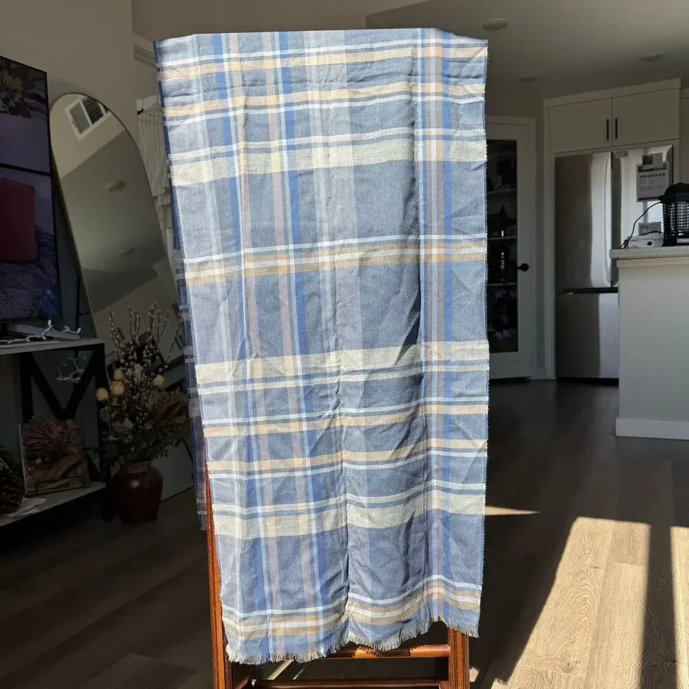 Kingcraig Scotland Extra Fine Merino Wool Plaid Scarf Blue Beige Unisex 71x20